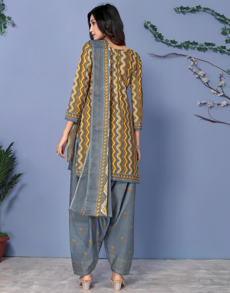Grey Printed Cotton Unstitched Salwar Suit Material