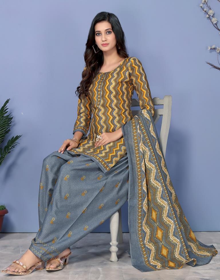 Grey Printed Cotton Unstitched Salwar Suit Material