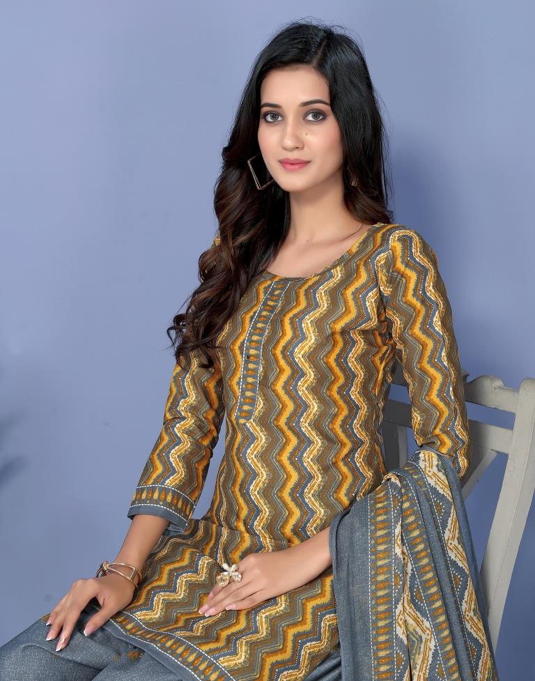 Grey Printed Cotton Unstitched Salwar Suit Material