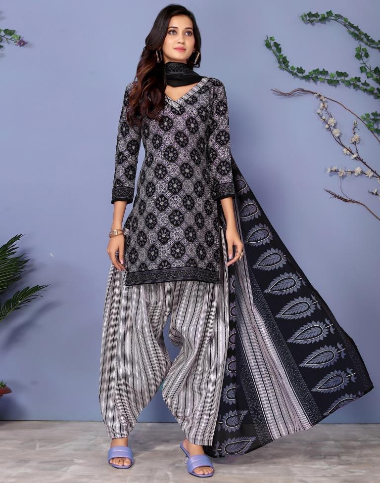 Black Printed Cotton Unstitched Salwar Suit Material