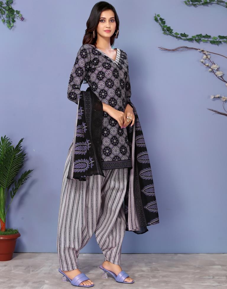 Black Printed Cotton Unstitched Salwar Suit Material