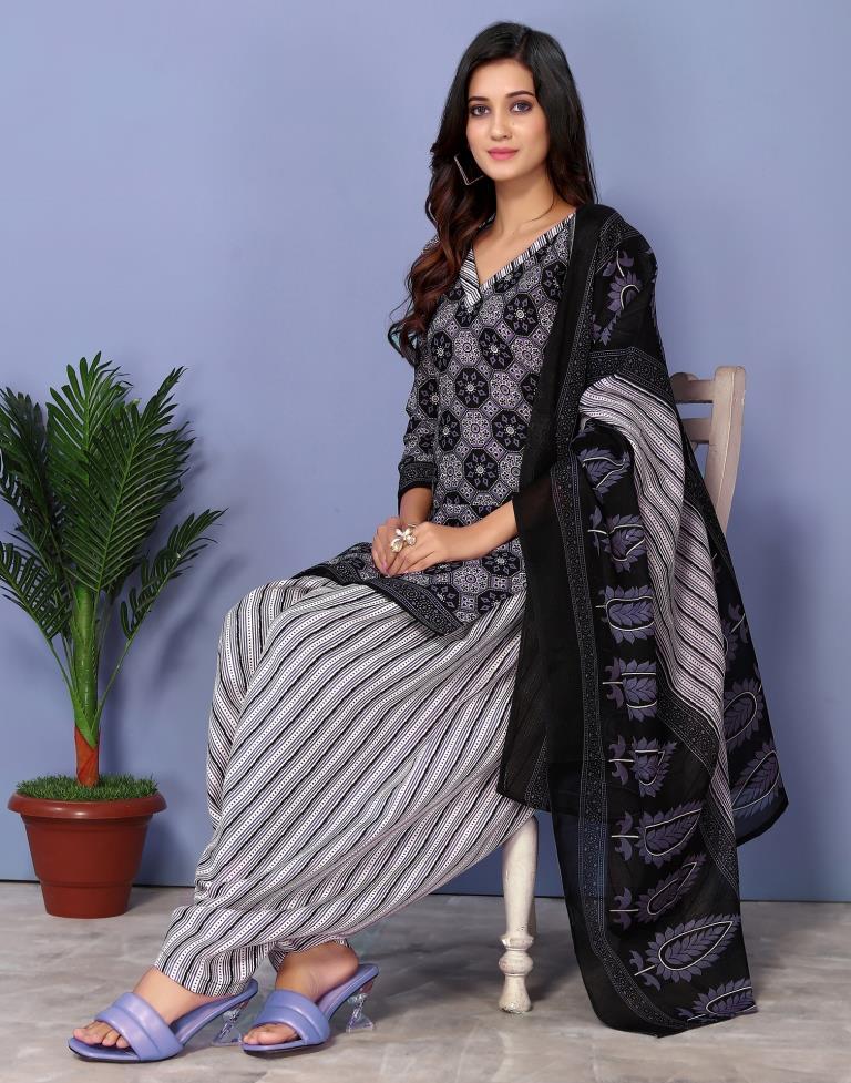 Black Printed Cotton Unstitched Salwar Suit Material