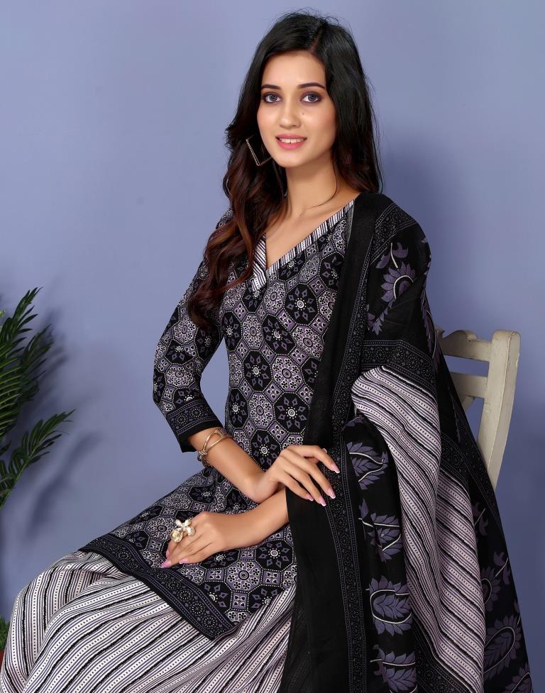 Black Printed Cotton Unstitched Salwar Suit Material