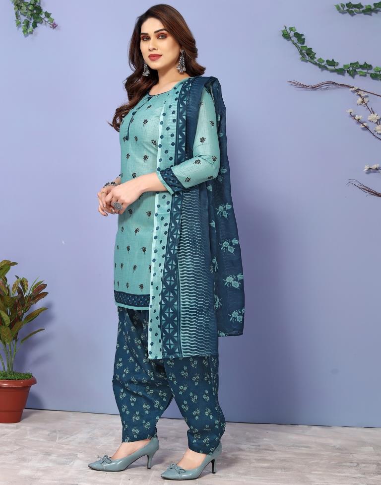 Rama Green Printed Cotton Unstitched Salwar Suit Material