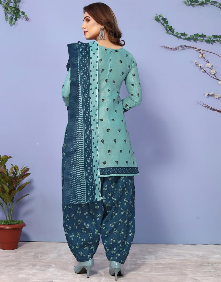 Rama Green Printed Cotton Unstitched Salwar Suit Material