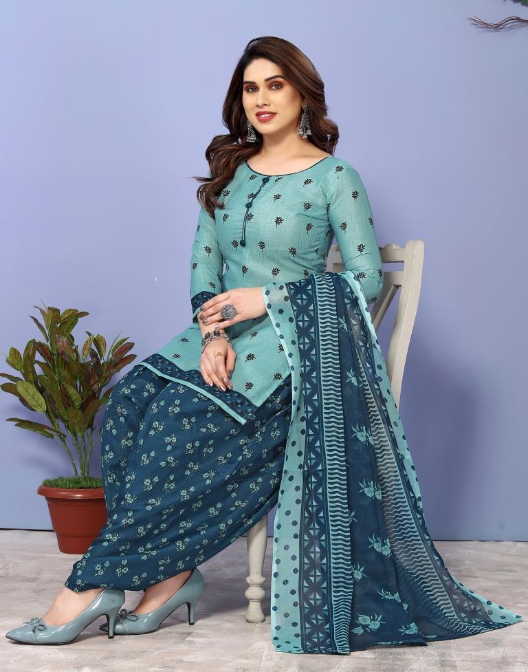 Rama Green Printed Cotton Unstitched Salwar Suit Material