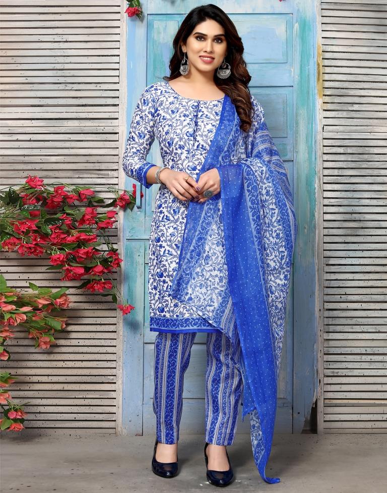 Blue Printed Cotton Unstitched Salwar Suit Material