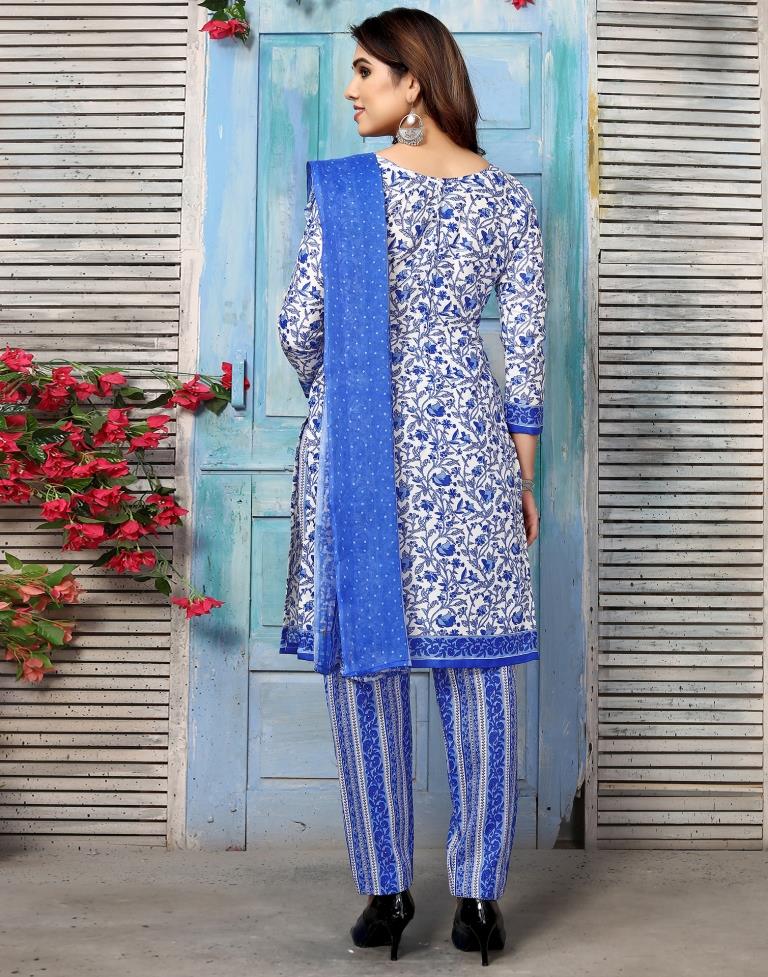Blue Printed Cotton Unstitched Salwar Suit Material