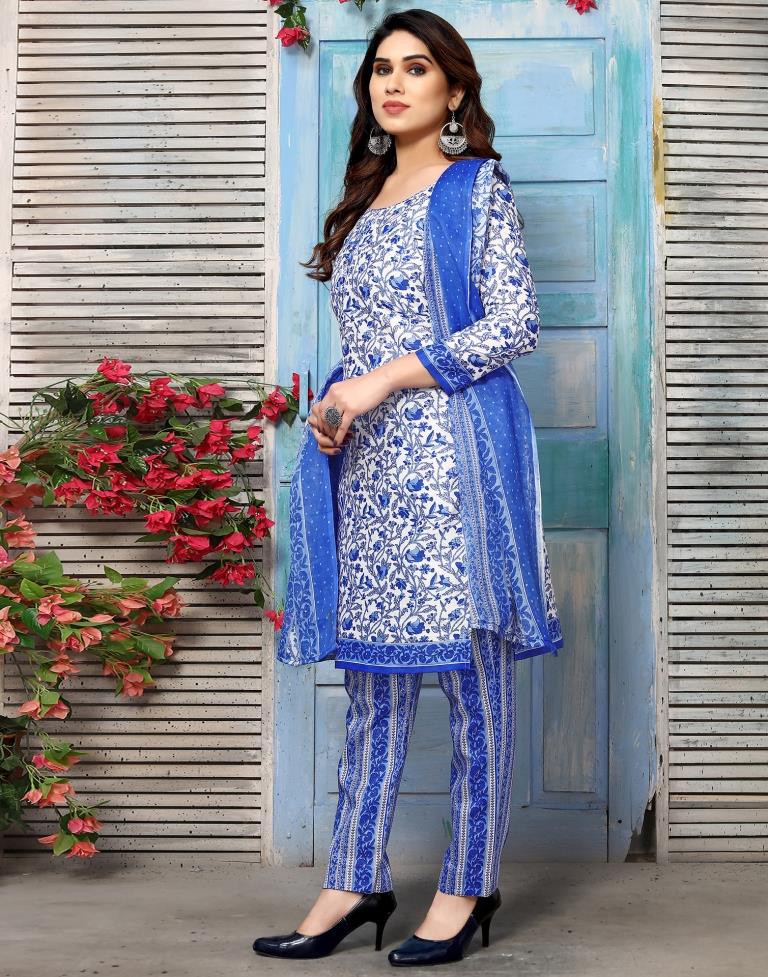 Blue Printed Cotton Unstitched Salwar Suit Material