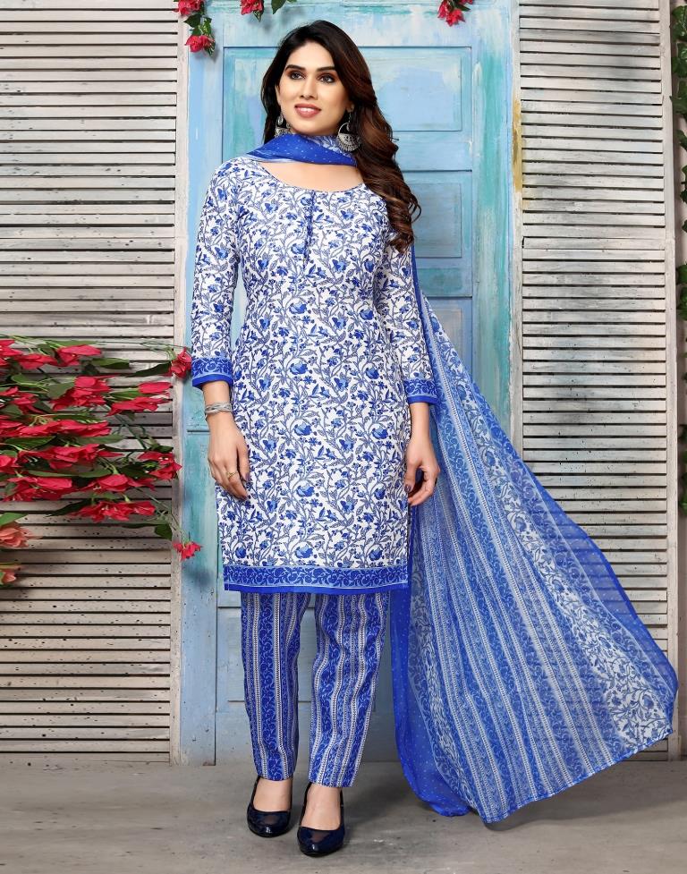 Blue Printed Cotton Unstitched Salwar Suit Material