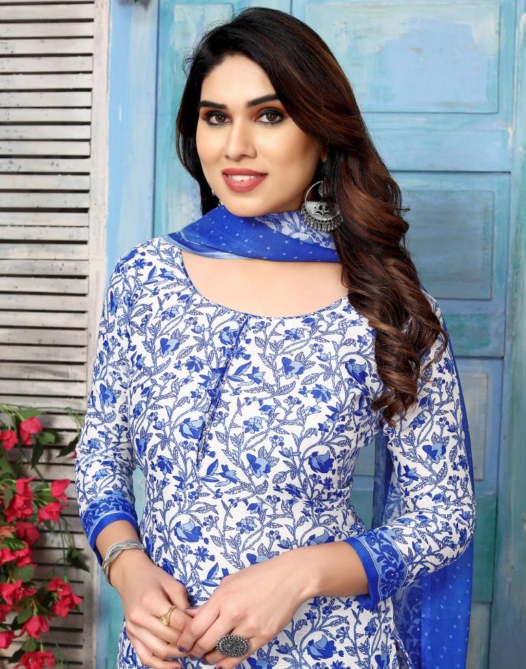 Blue Printed Cotton Unstitched Salwar Suit Material