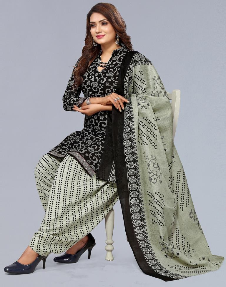 Black Printed Cotton Unstitched Salwar Suit Material