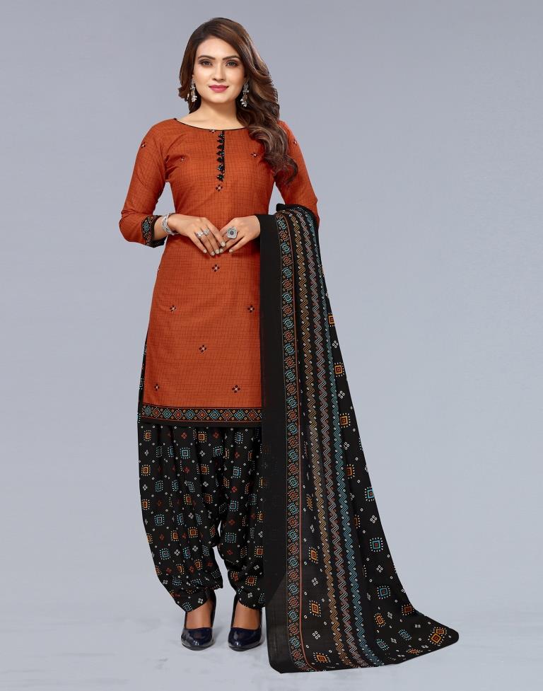 Rust Printed Cotton Unstitched Salwar Suit Material