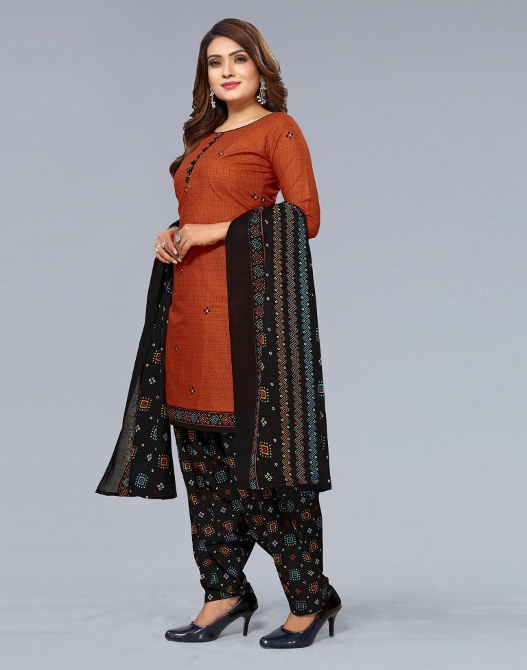 Rust Printed Cotton Unstitched Salwar Suit Material