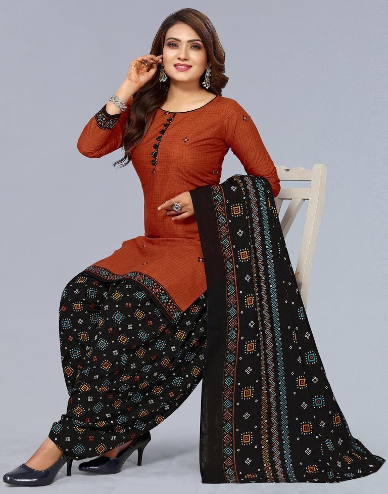 Rust Printed Cotton Unstitched Salwar Suit Material