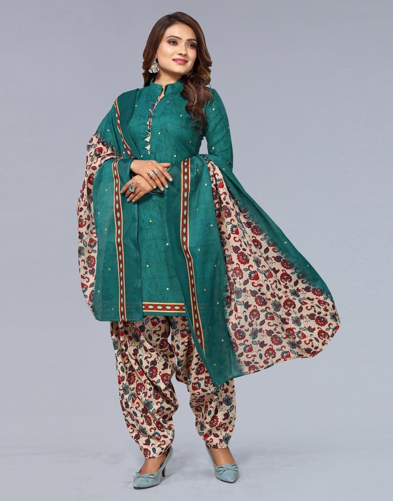 Green Printed Cotton Unstitched Salwar Suit Material