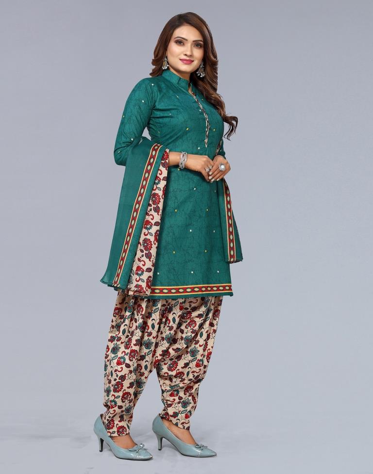 Green Printed Cotton Unstitched Salwar Suit Material