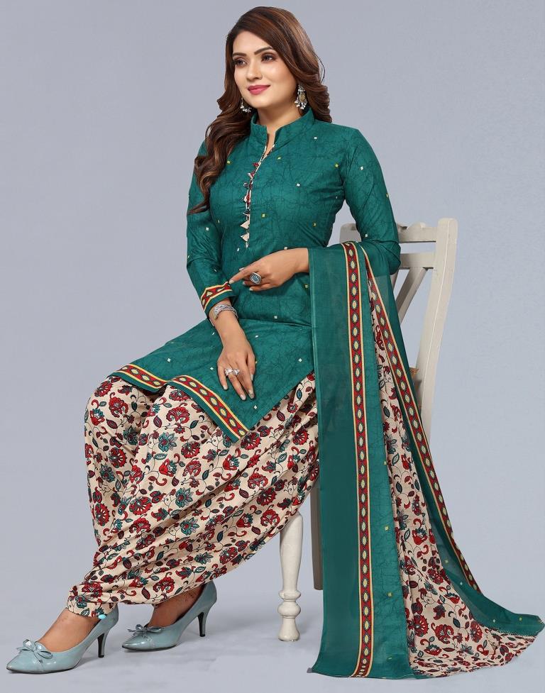 Green Printed Cotton Unstitched Salwar Suit Material