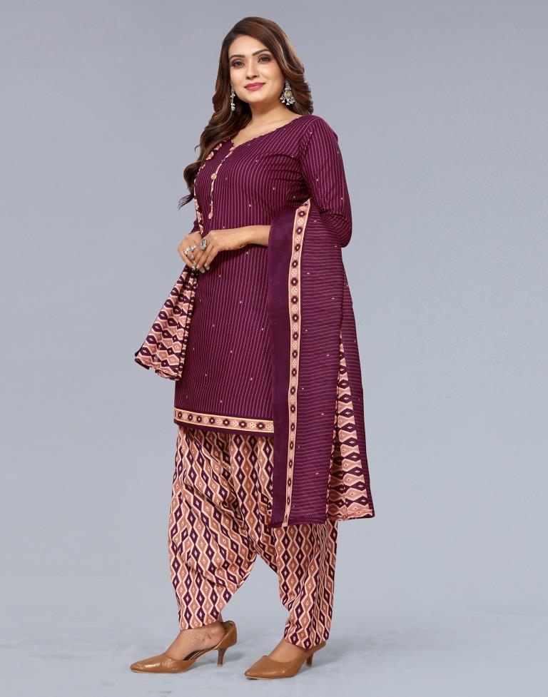 Dark Brown Printed Cotton Unstitched Salwar Suit Material