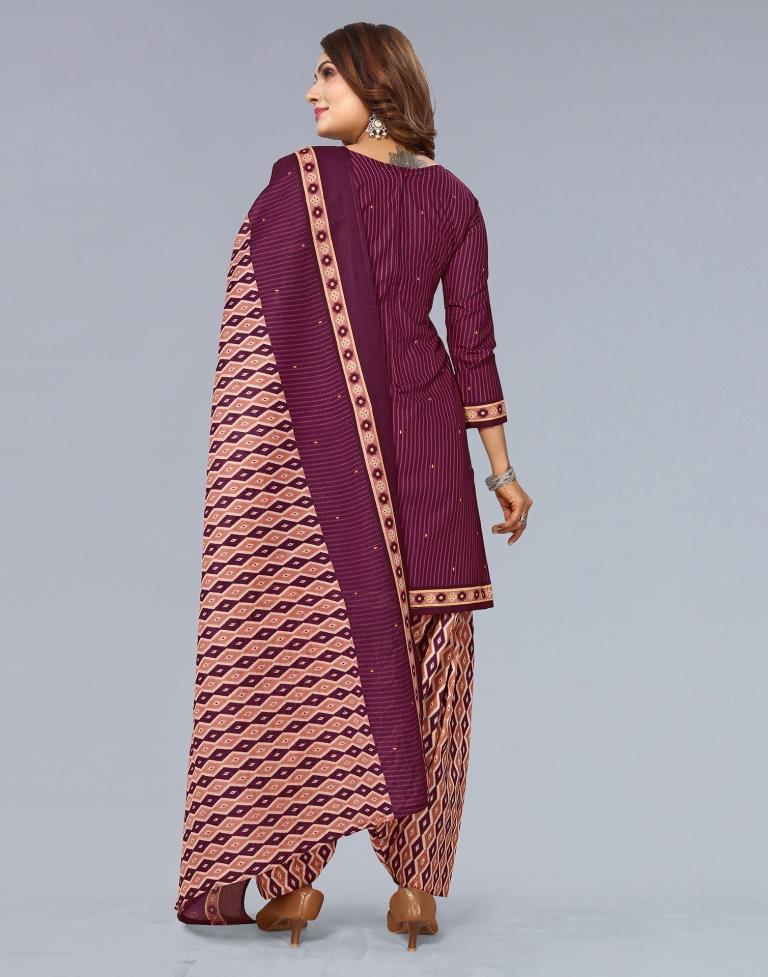 Dark Brown Printed Cotton Unstitched Salwar Suit Material