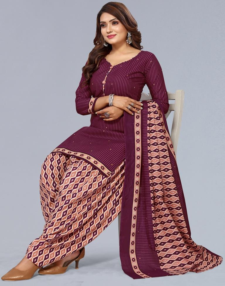 Dark Brown Printed Cotton Unstitched Salwar Suit Material