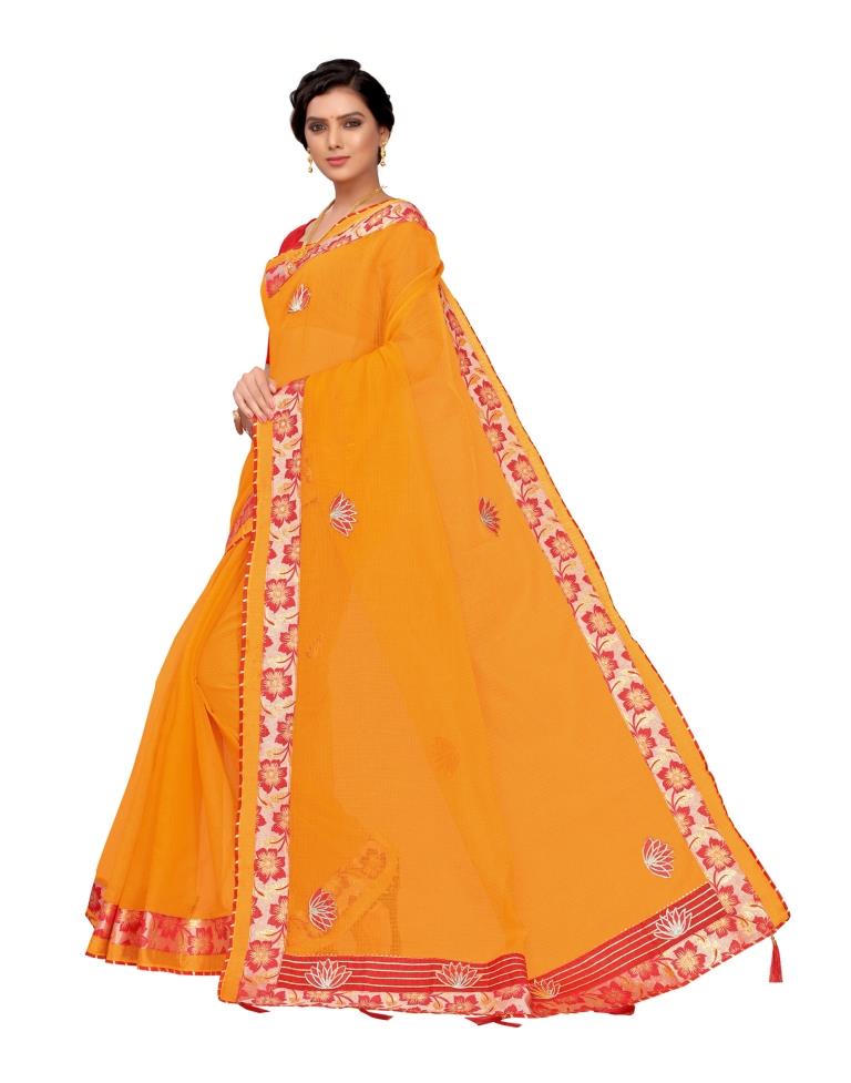 Yellow Coloured Poly Cotton Embroidered Partywear saree | Leemboodi