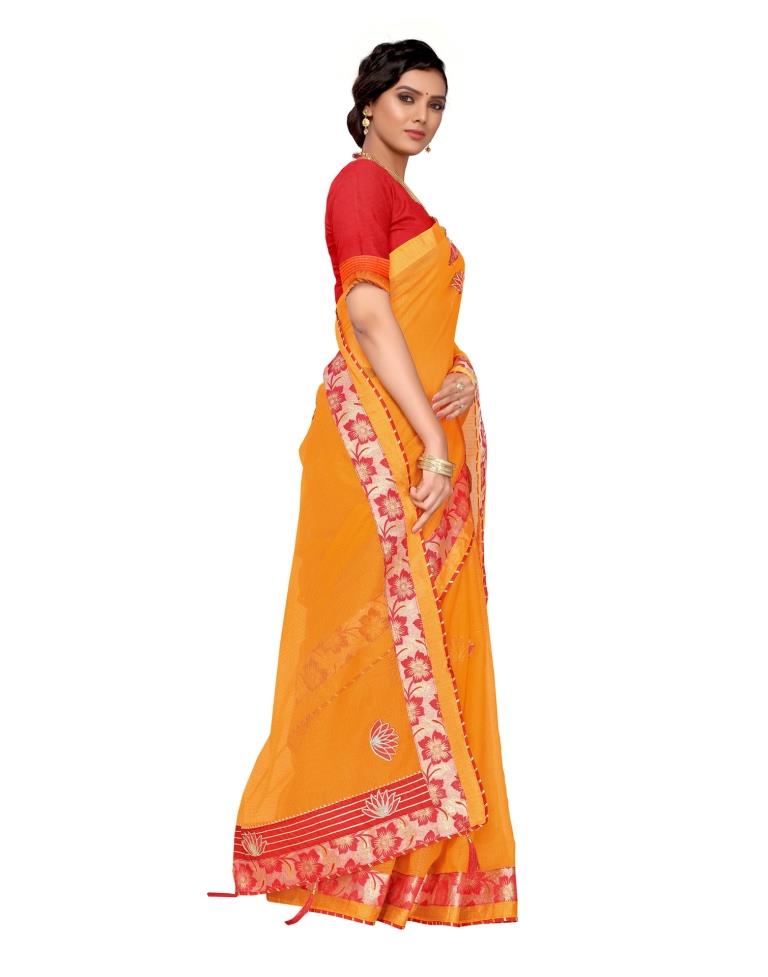 Yellow Coloured Poly Cotton Embroidered Partywear saree | Leemboodi