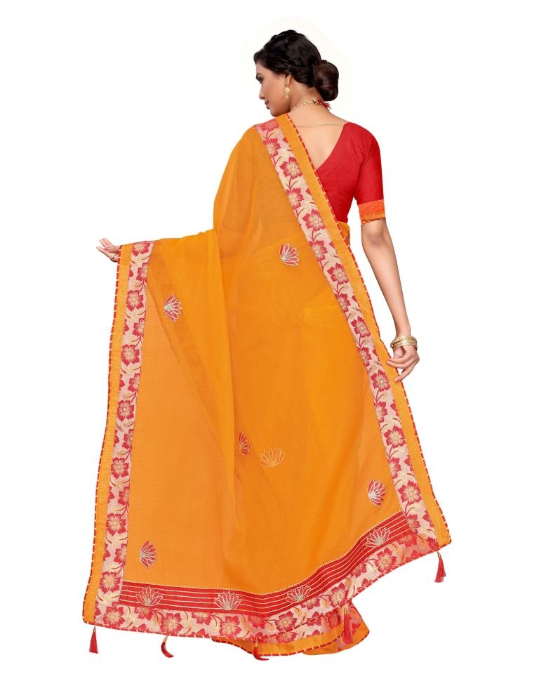 Yellow Coloured Poly Cotton Embroidered Partywear saree | Leemboodi