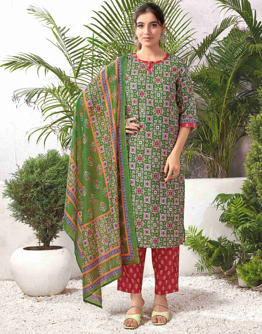 Green Rayon Geometric Straight Kurta Set With Dupatta
