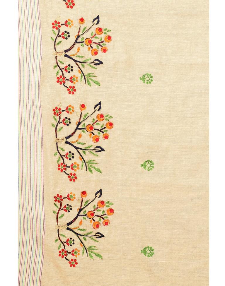 Beige Embroidered Cotton Saree | Sudathi