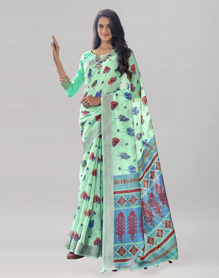 Aquamarine Blue Coloured Poly Cotton Printed Saree | Sudathi