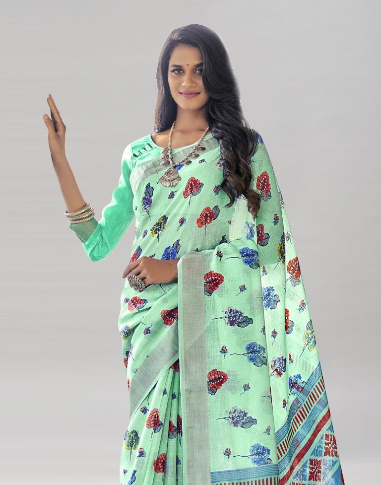 Aquamarine Blue Coloured Poly Cotton Printed Saree | Sudathi