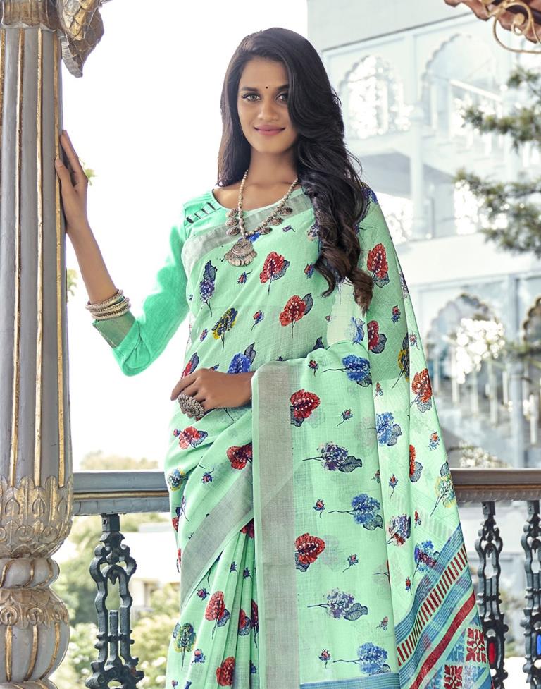 Aquamarine Blue Coloured Poly Cotton Printed Saree | Sudathi