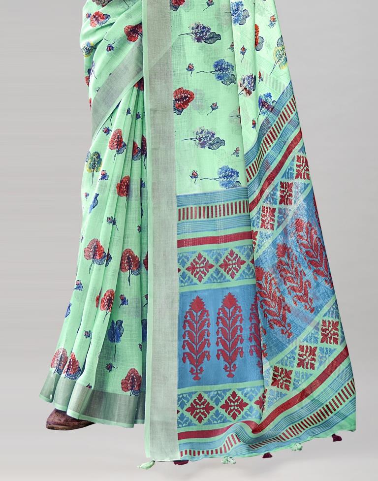 Aquamarine Blue Coloured Poly Cotton Printed Saree | Sudathi