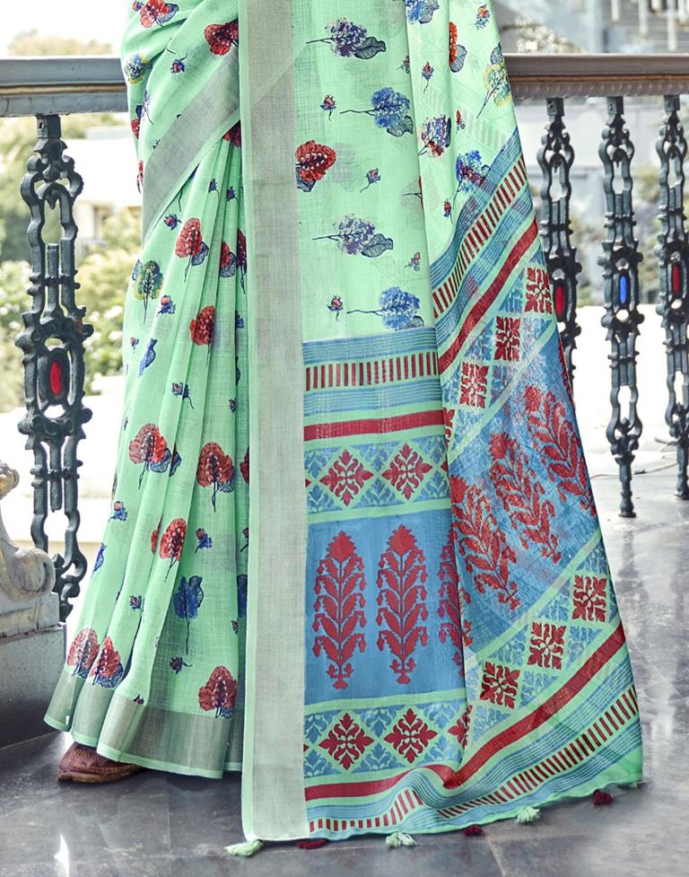 Aquamarine Blue Coloured Poly Cotton Printed Saree | Sudathi