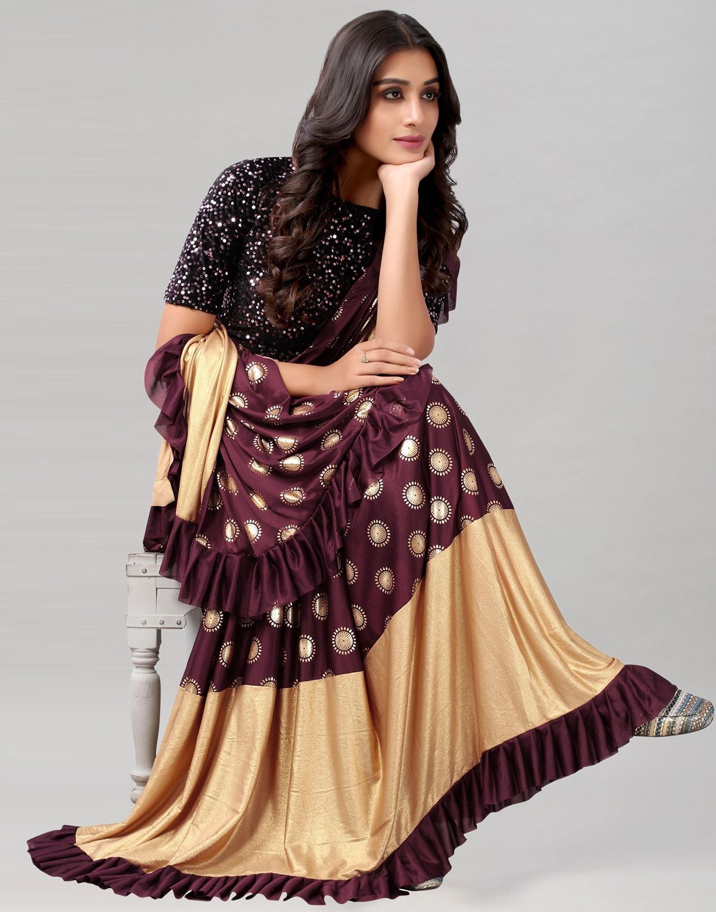 Wine Printed Pre-draped Saree | Leemboodi