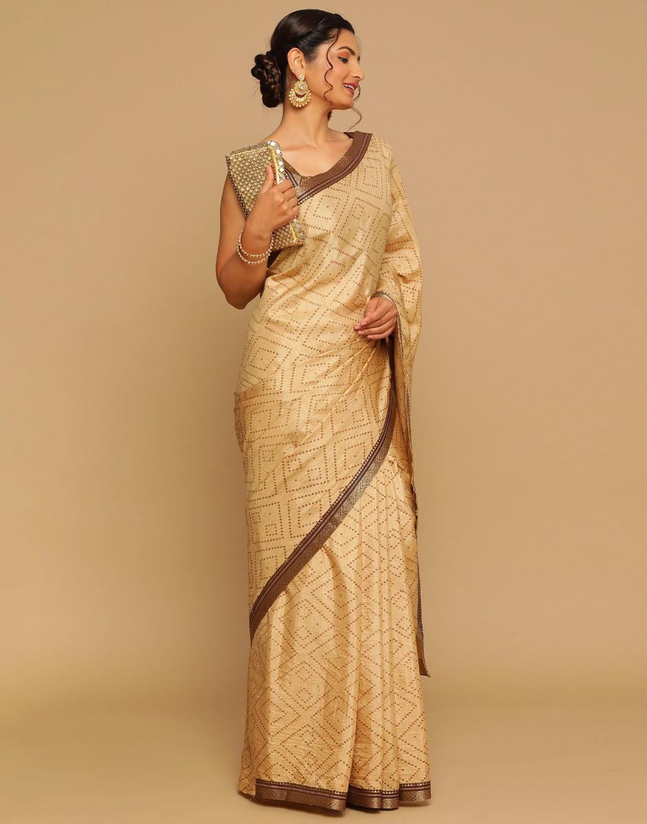 Beige Bandhani Silk Saree | Sudathi