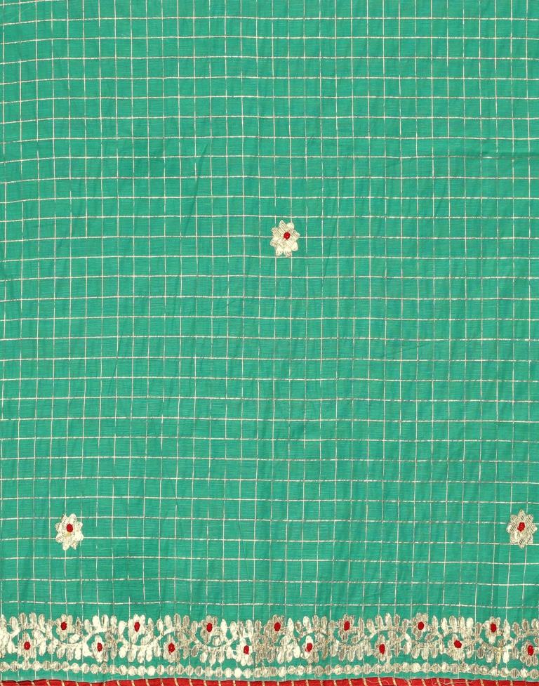 Turquoise Green Cotton Geometric Woven Saree | Leemboodi