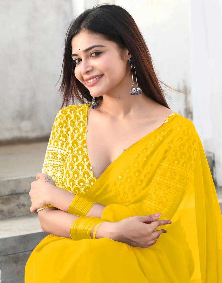 Yellow Georgette Plain Saree | Leemboodi