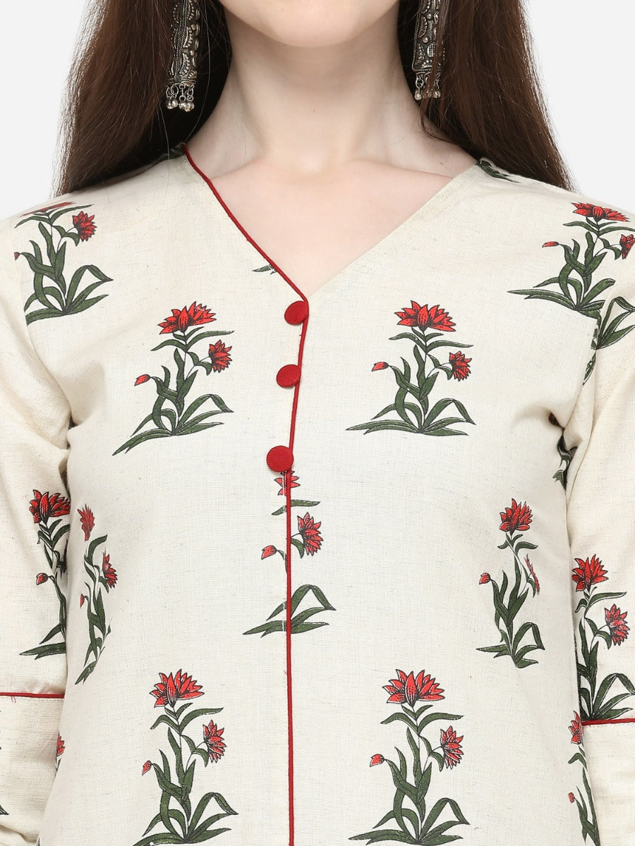 Off White Coloured Printed Khadi Cotton Kurti | Sudathi