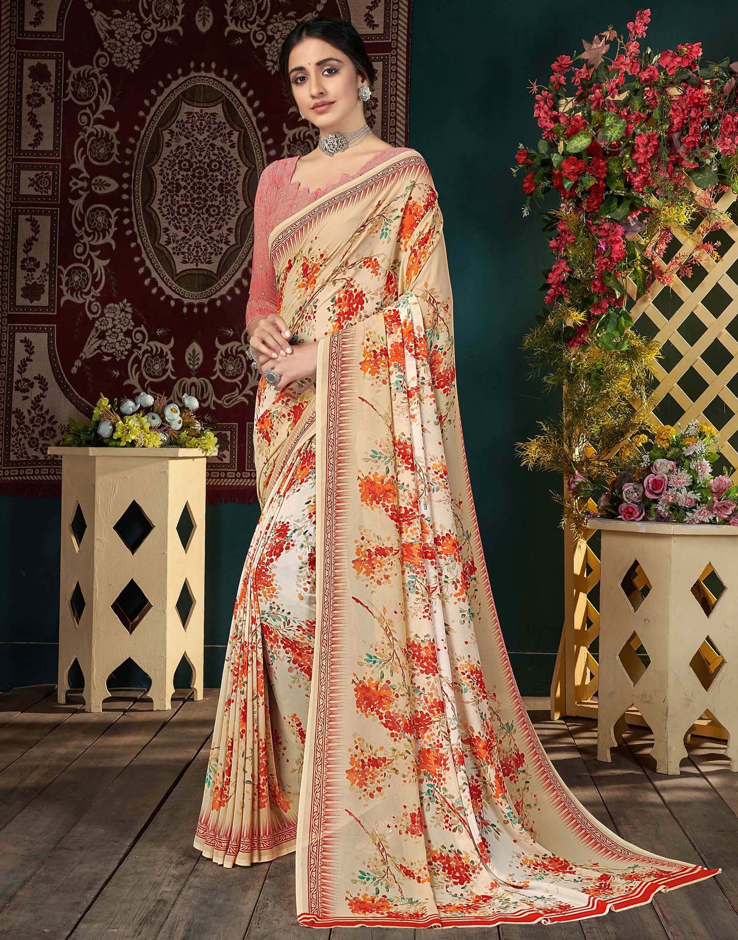 Beige Georgette Saree | Leemboodi
