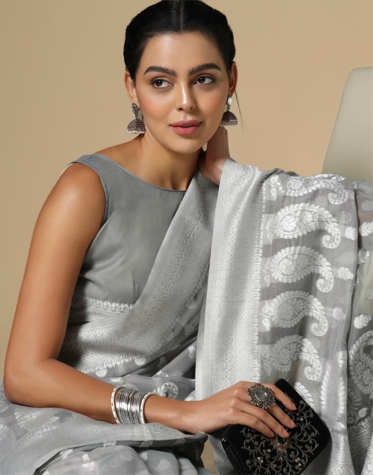 Grey Cotton Weaving Saree