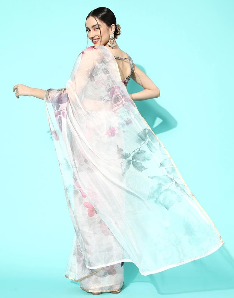 Light Pink Organza Floral Printed Saree