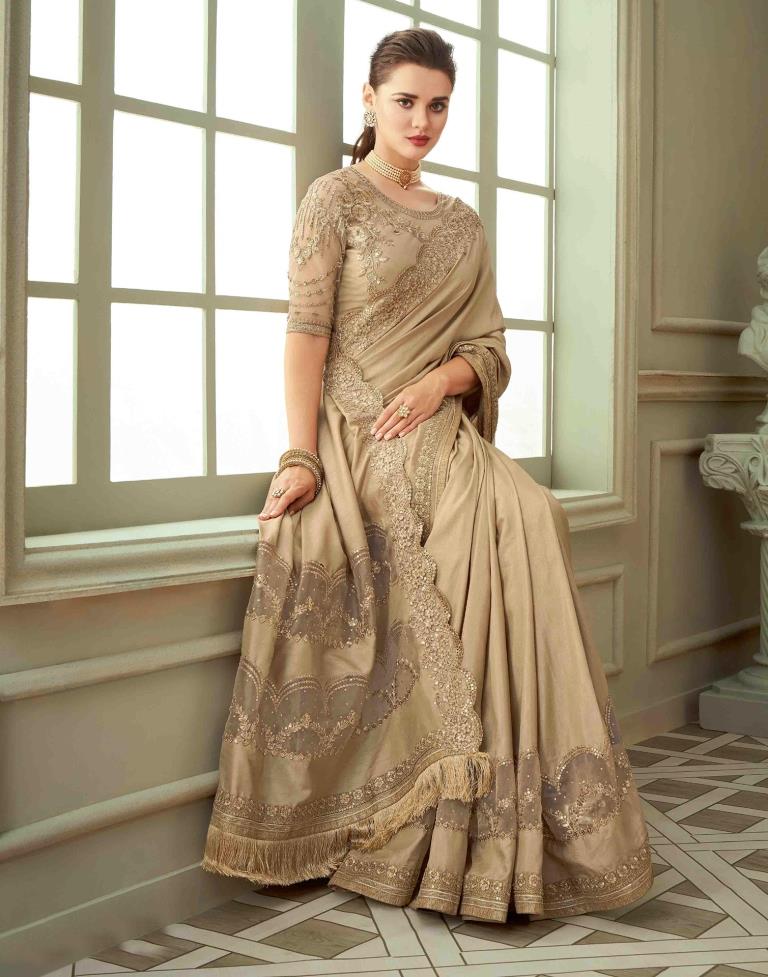 Beige Embroidery Silk Saree | Leemboodi