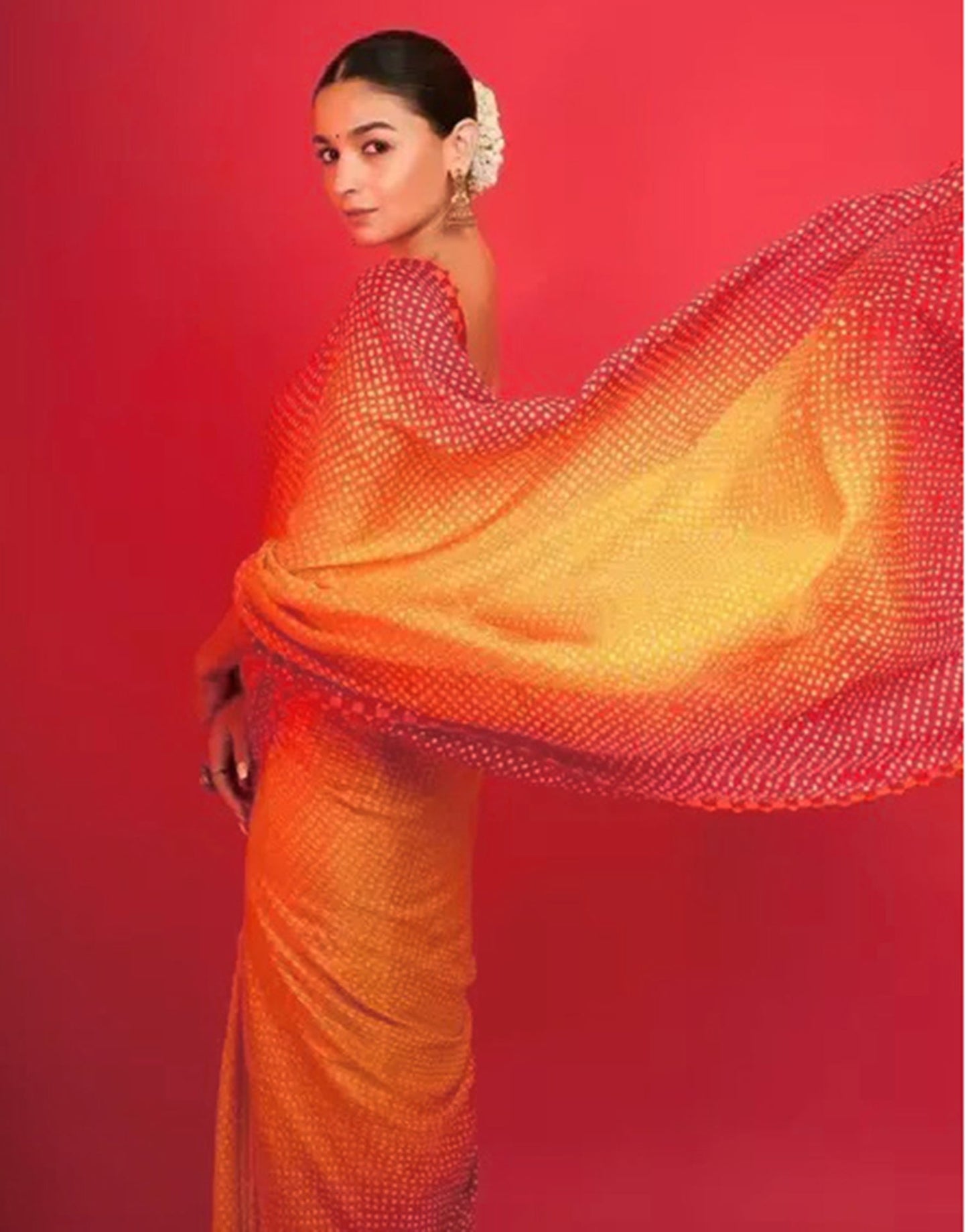 Yellow And Red Satin Silk Bandhani Printed Saree | Leemboodi
