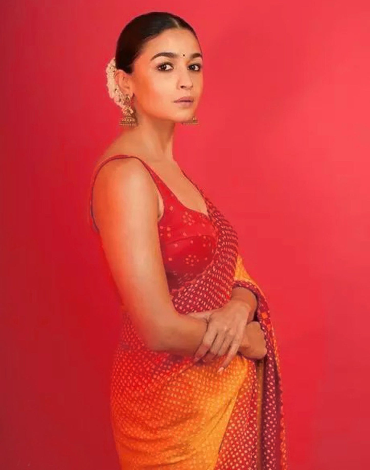 Yellow And Red Satin Silk Bandhani Printed Saree | Leemboodi