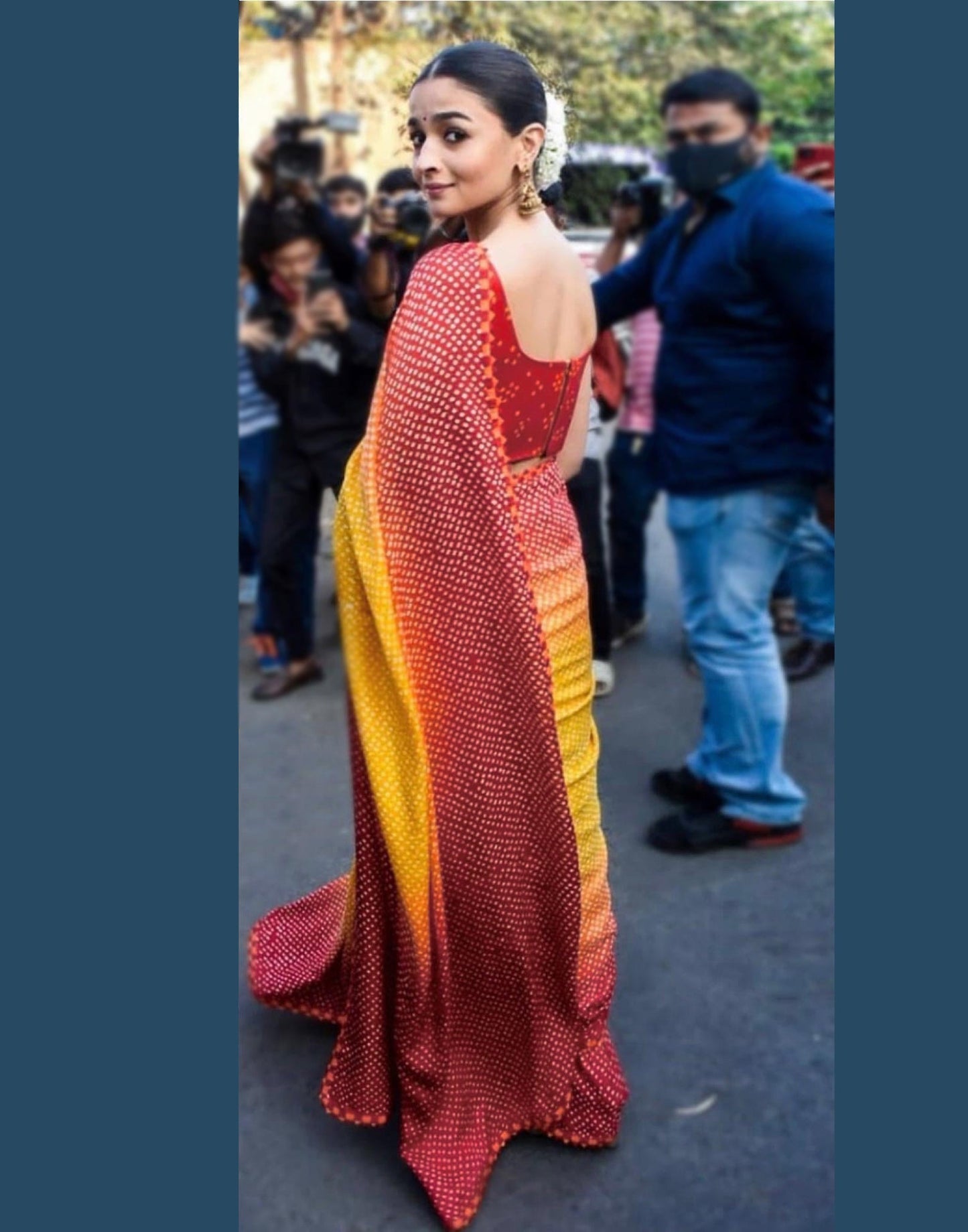 Yellow And Red Satin Silk Bandhani Printed Saree | Leemboodi