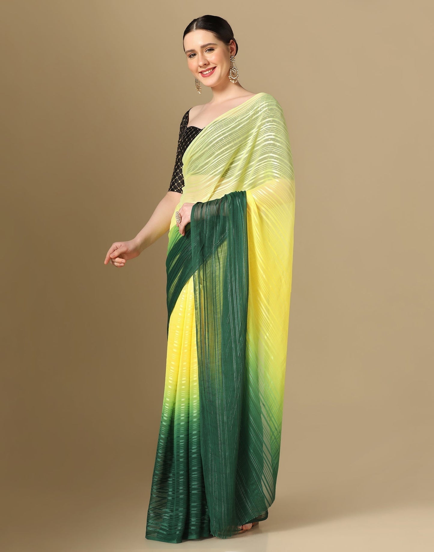 Yellow And Green Georgette Jari Stripes Saree | Sudathi