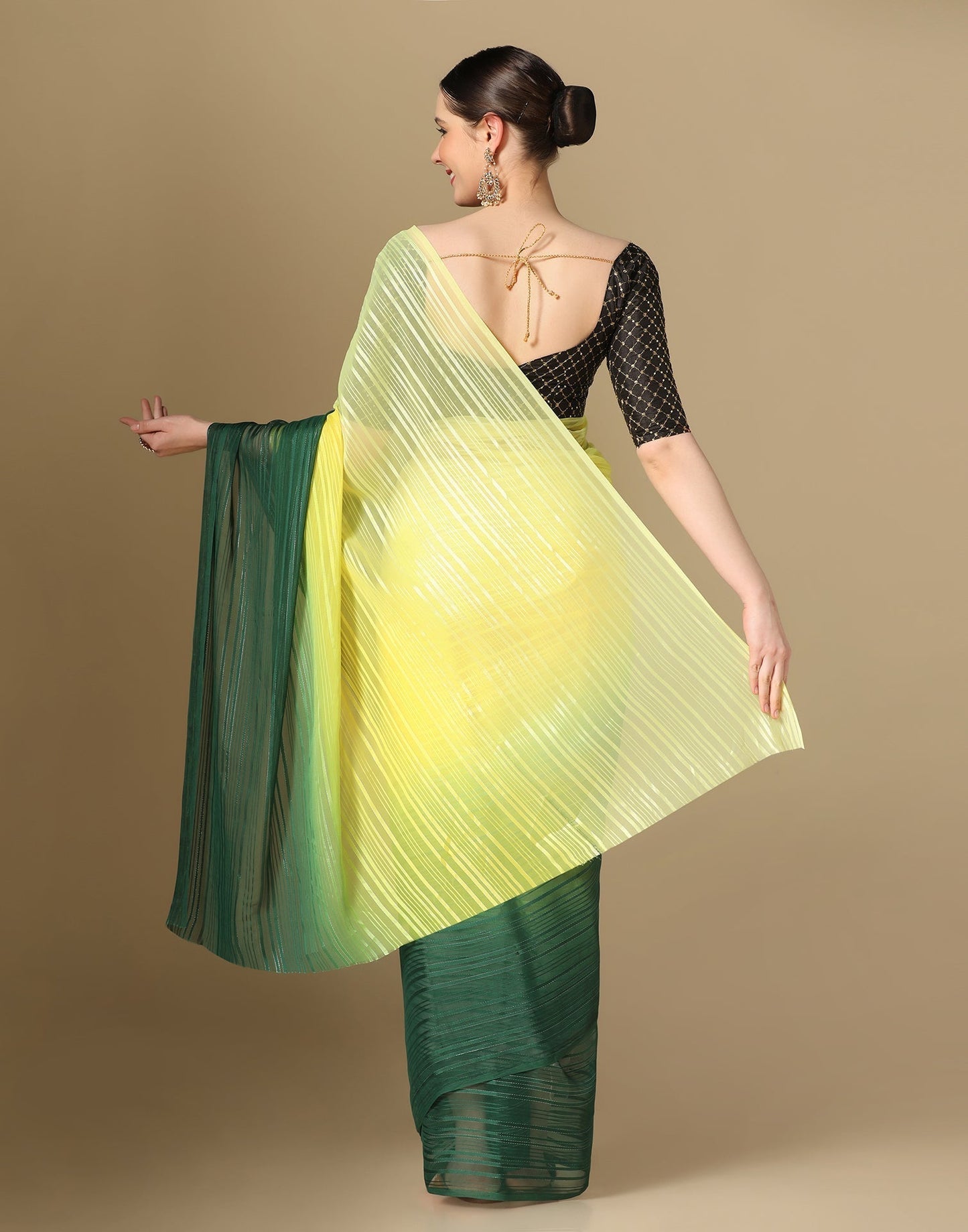 Yellow And Green Georgette Jari Stripes Saree | Sudathi