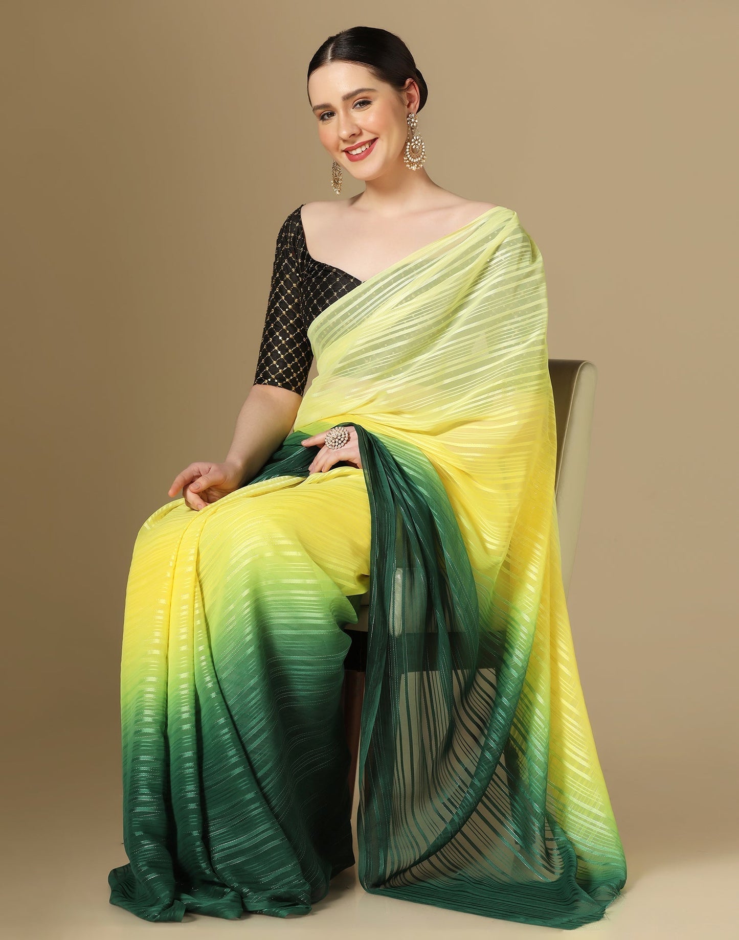 Yellow And Green Georgette Jari Stripes Saree | Sudathi
